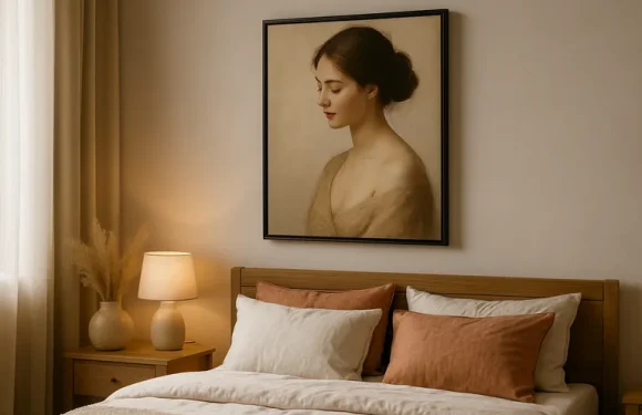 Creëer een serene slaapkamer met een vrouwelijk schilderij dat bij jouw stijl past