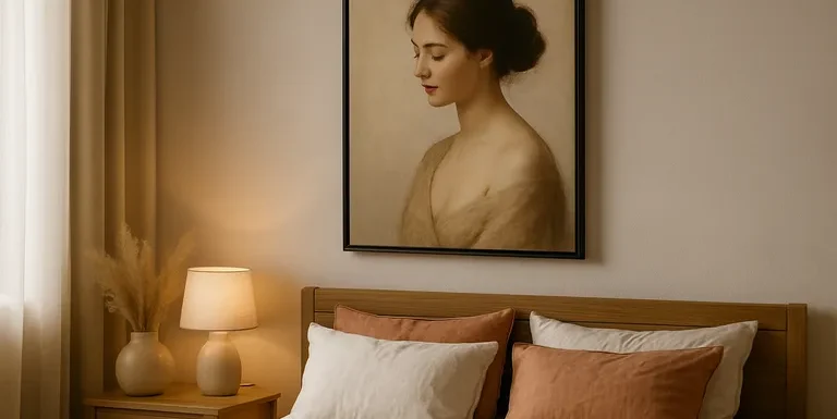 Creëer een serene slaapkamer met een vrouwelijk schilderij dat bij jouw stijl past