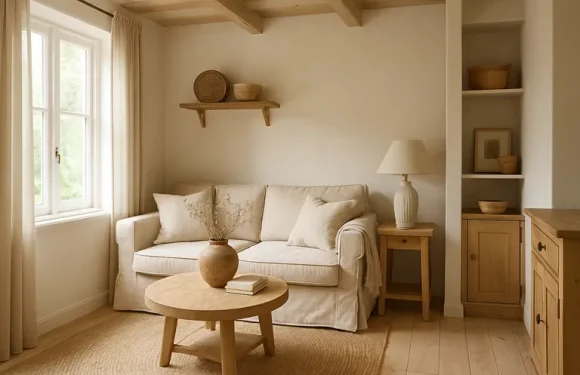Landelijke sfeer in je kleine woonkamer met natuurlijke materialen, zachte tinten en slimme indeling