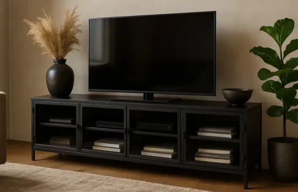 Metalen TV kast in zwart staal als stijlvolle blikvanger met een warme industriële uitstraling