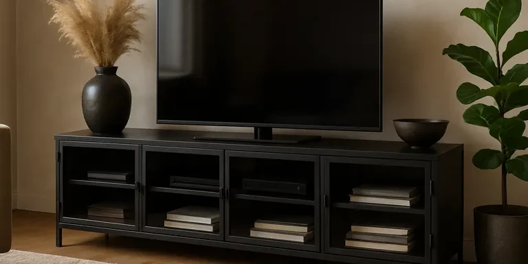 Metalen TV kast in zwart staal als stijlvolle blikvanger met een warme industriële uitstraling