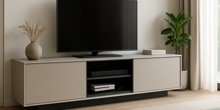 Strakke woonkamer, slimme opbergruimte met een TV kast met schuifdeuren